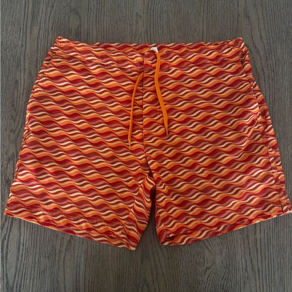 Fair Harbor “Wave Stripe” Swim Shorts — Orange Retro Pattern (Size 32)